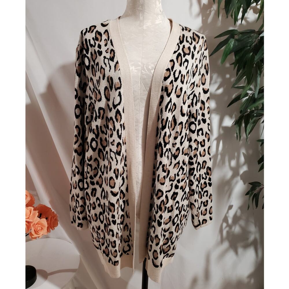 Croft & Barrow Leopard Animal Print Knit Open Cardigan Sweater Size 2X Neutral
